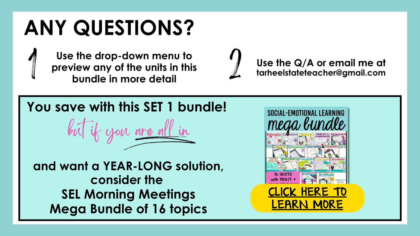 Want 16 social emotional learning units with engaging activities, lesson plans, bulletin board materials, google slides, and social emotional learning worksheets? Check out the Social Emotional Learning Mega Bundle!