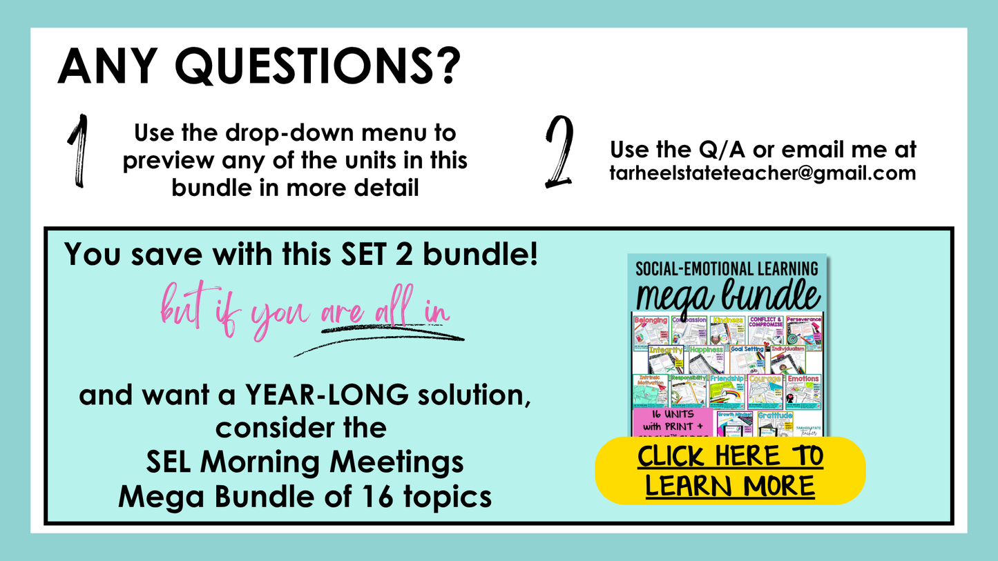 Want 16 social emotional learning units with engaging activities, lesson plans, bulletin board materials, google slides, and social emotional learning worksheets? Check out the Social Emotional Learning Mega Bundle!
