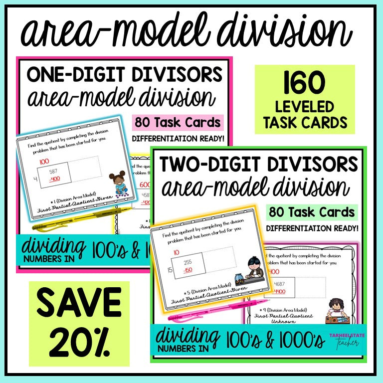 Area Model Division 1 Digit and 2 Digit Divisors Task Cards Activities BUNDLE