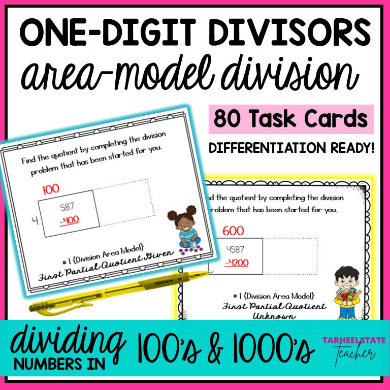 Area Model Division with 1 Digit Divisors Task Cards Activities or Math Centers
