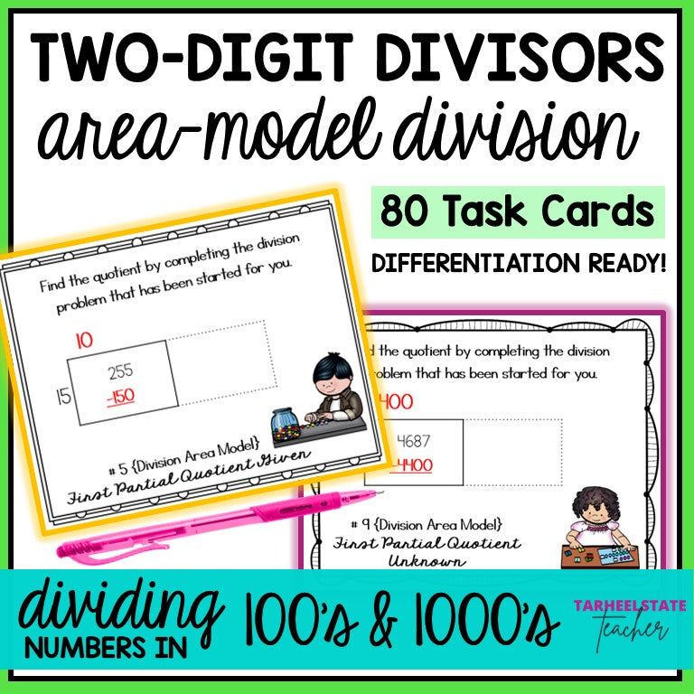 Area Model Division with 2 Digit Divisors Task Cards Activities or Math Centers