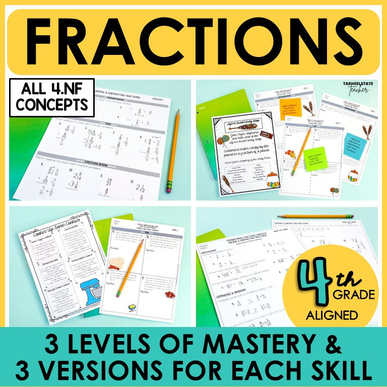 4th Grade fractions leveled worksheets and practice covering all 4th grade fractions concepts and standards