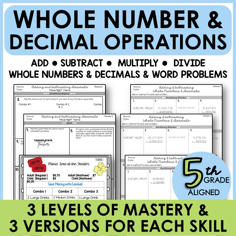 5th Grade Decimal Operations Add/Sub/Mult/Div Assessments and Practice