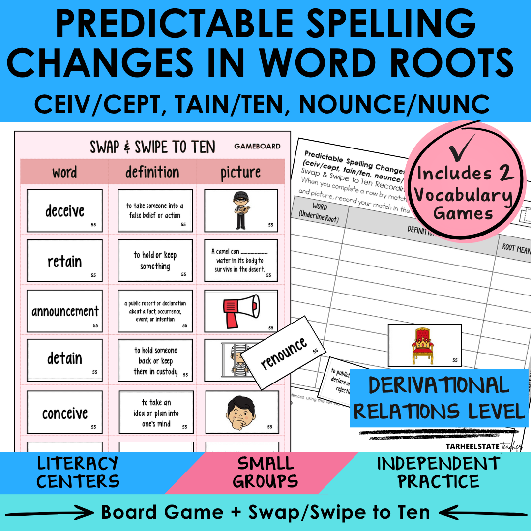 Engaging morphology games and vocabulary activities covering Latin and Greek word parts CEIV/CEPT, TAIN/TEN, and NOUNCE/NUNC in the Derivational Relations Spellers stage.