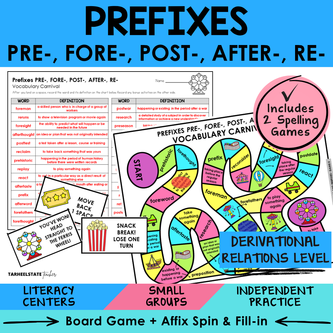 Educational materials for teaching prefixes with a game board and vocabulary cards