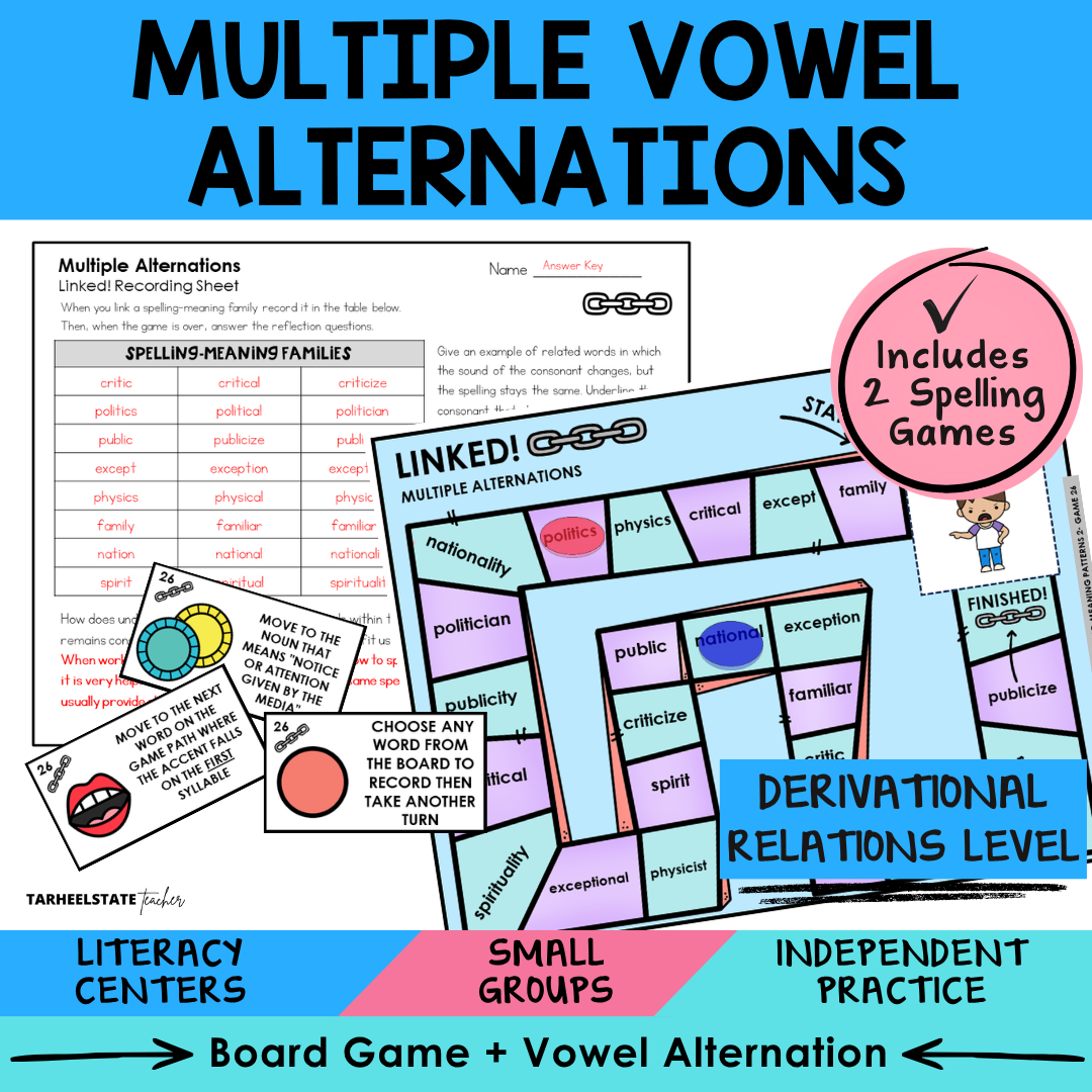 Educational materials and morphology games for teaching multiple vowel alternations with games and worksheets.