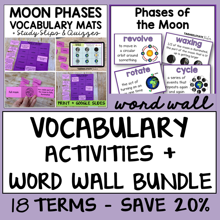 Phases of the Moon Vocabulary Mats, Study Slips, Quizzes and Word Wall ...