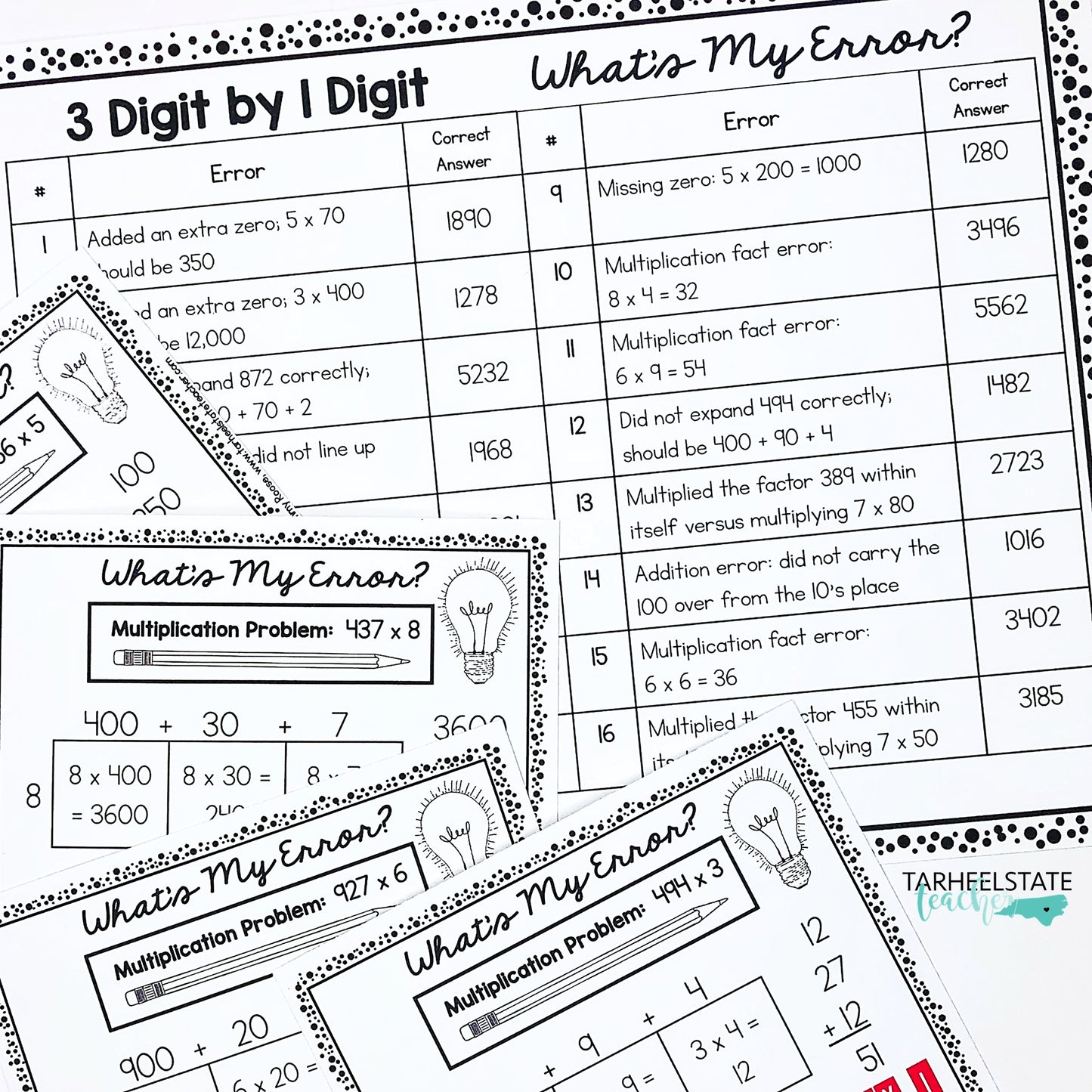 Multiply Whole Numbers with Area Model Error Analysis Task Cards Activities