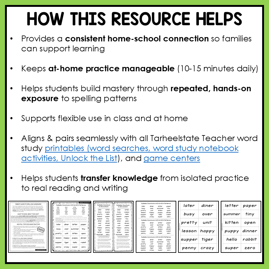 Text detailing how a resource helps with home-school connection, practice management, and student learning.