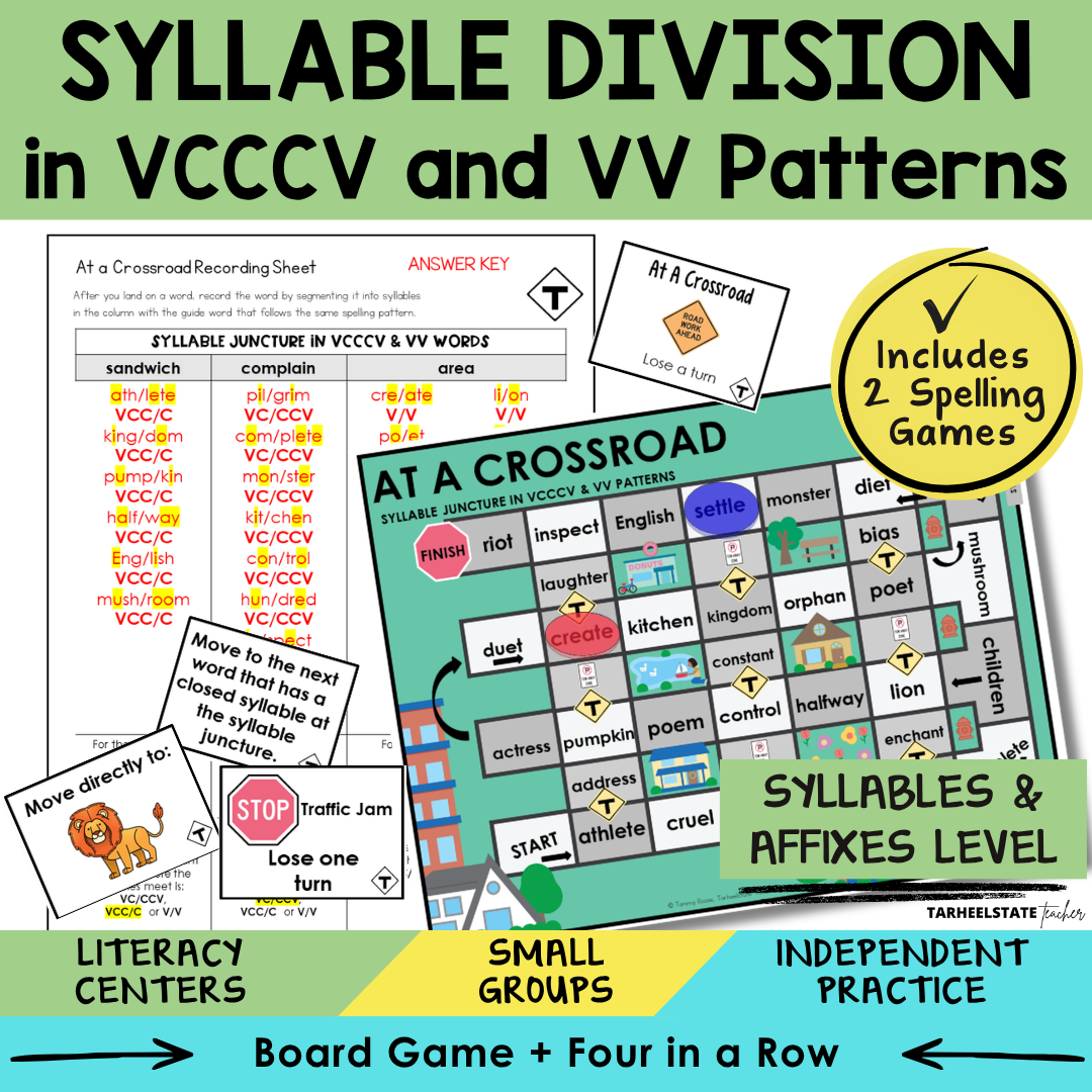 Educational materials for teaching syllable division in VCCCV and VV patterns, including a board game and cards.