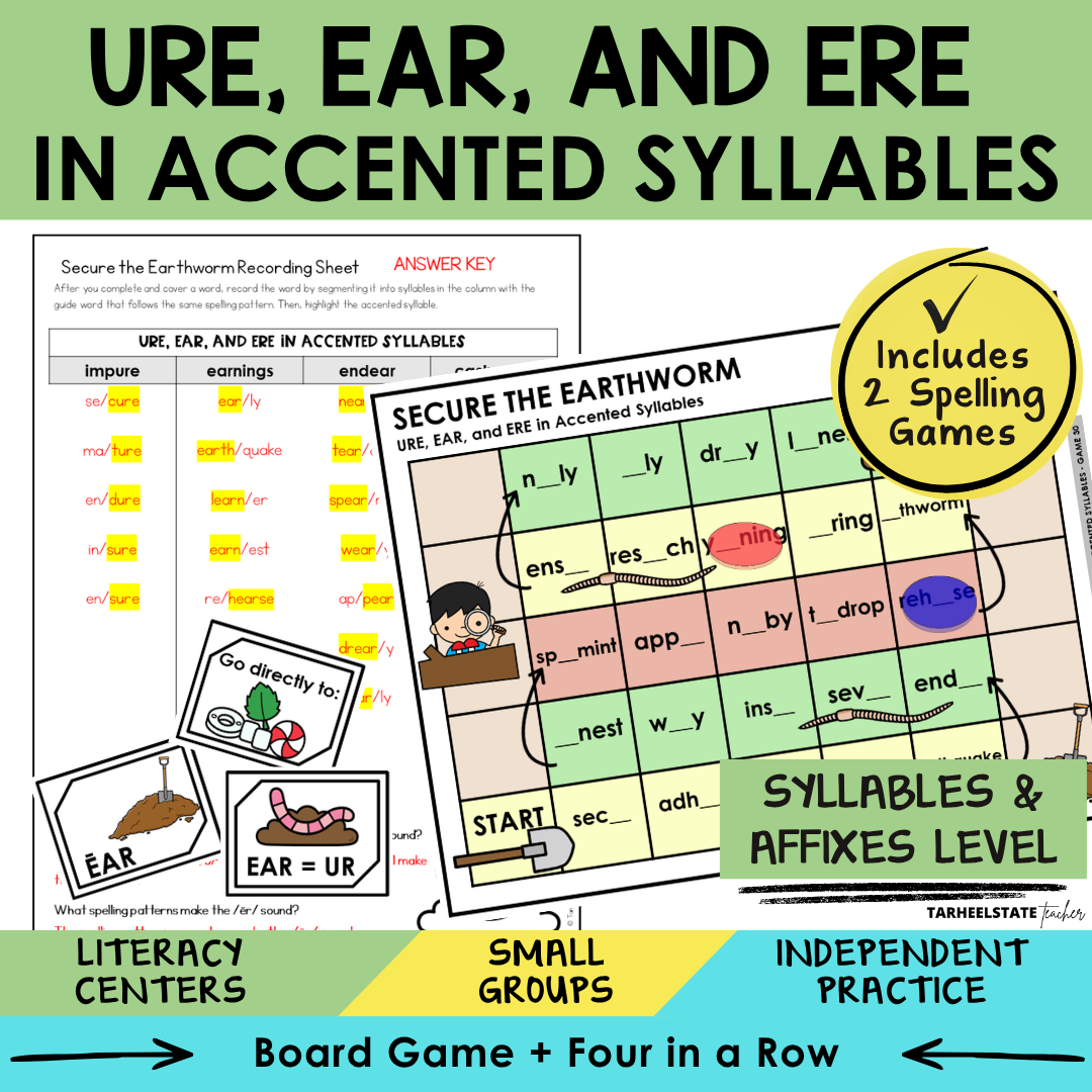 Educational materials for teaching URE, EAR, and ERE in accented syllables with games and activities.