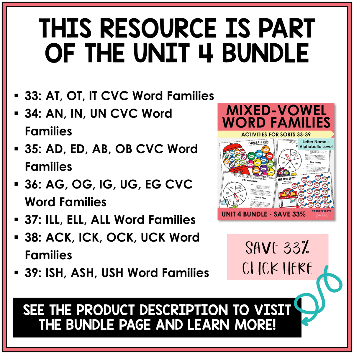Letter Name Unit 4 mixed-vowel word families bundle contents