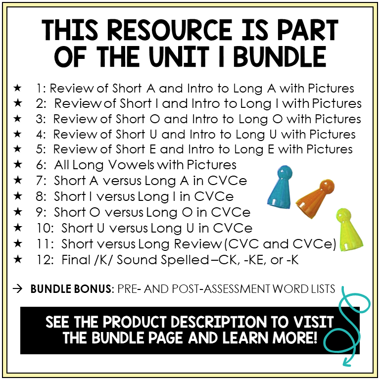 Within Word Pattern Unit 1 short and long vowels CVC and CVCe bundle contents