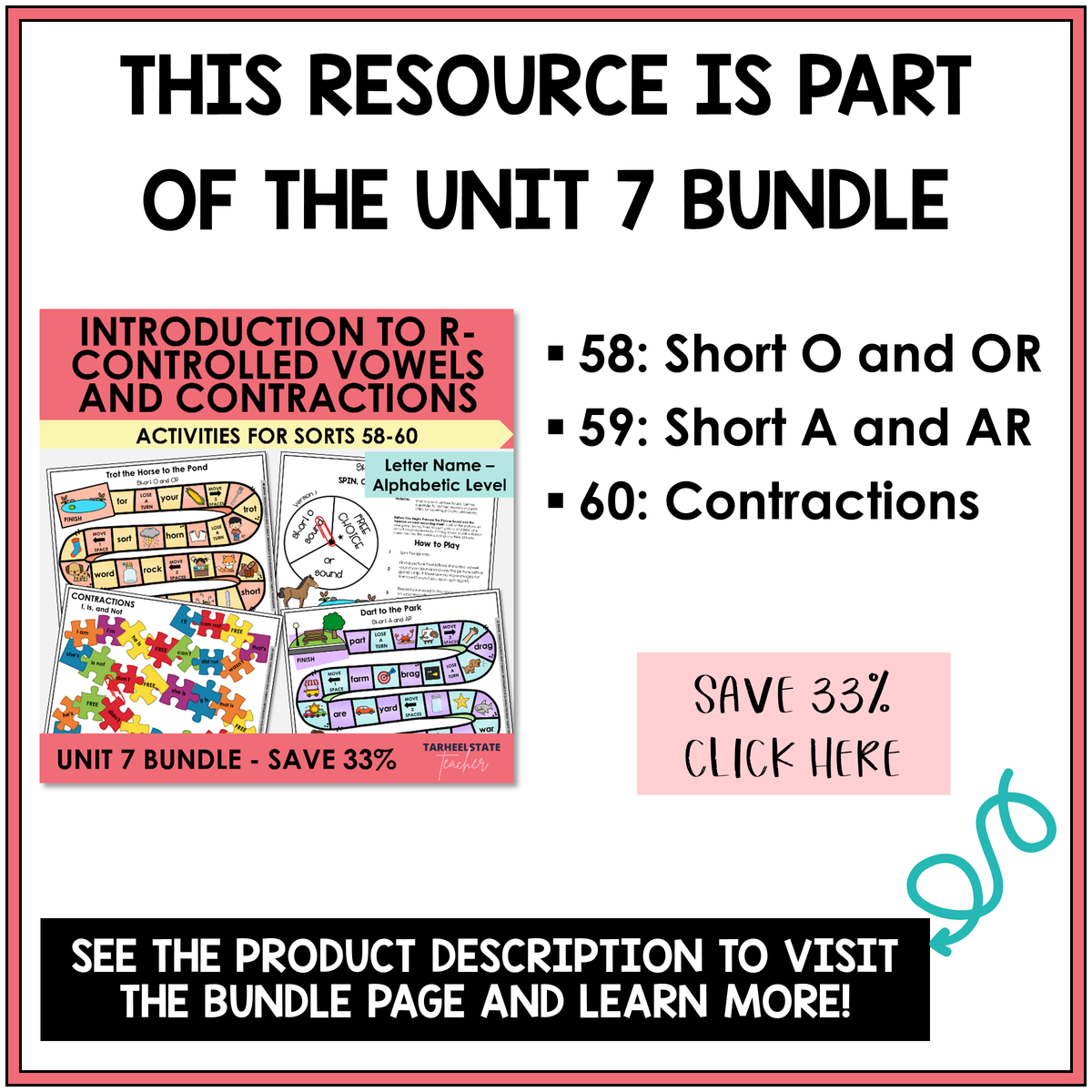 Letter Name Unit 7 R-controlled vowels and contractions bundle contents