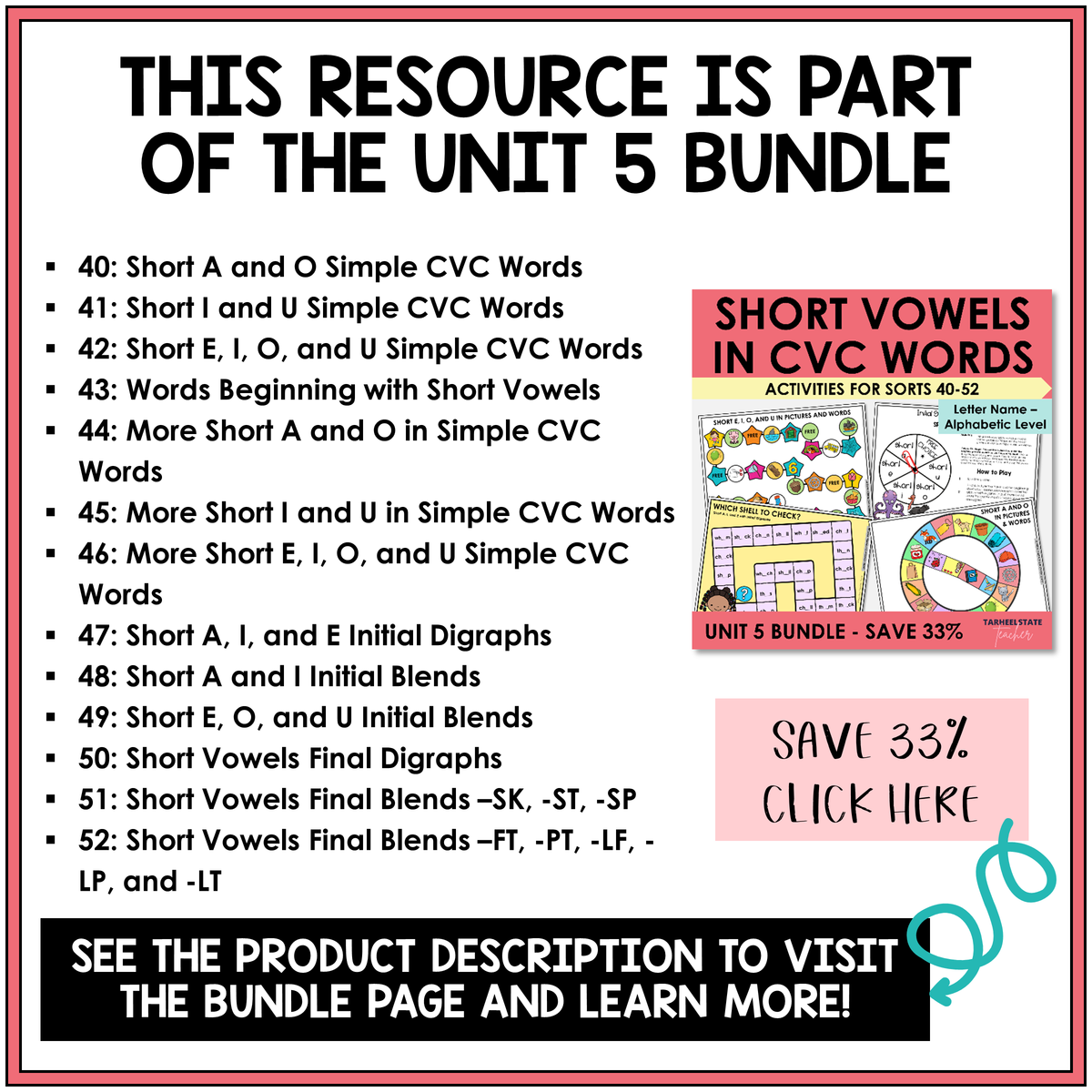 Letter Name Unit 5 short vowels in CVC words bundle contents