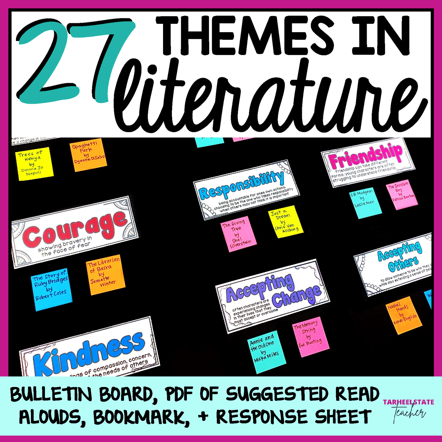 Educational bulletin board set featuring 27 common themes in literature like courage, responsibility, friendship, kindness, and accepting change.