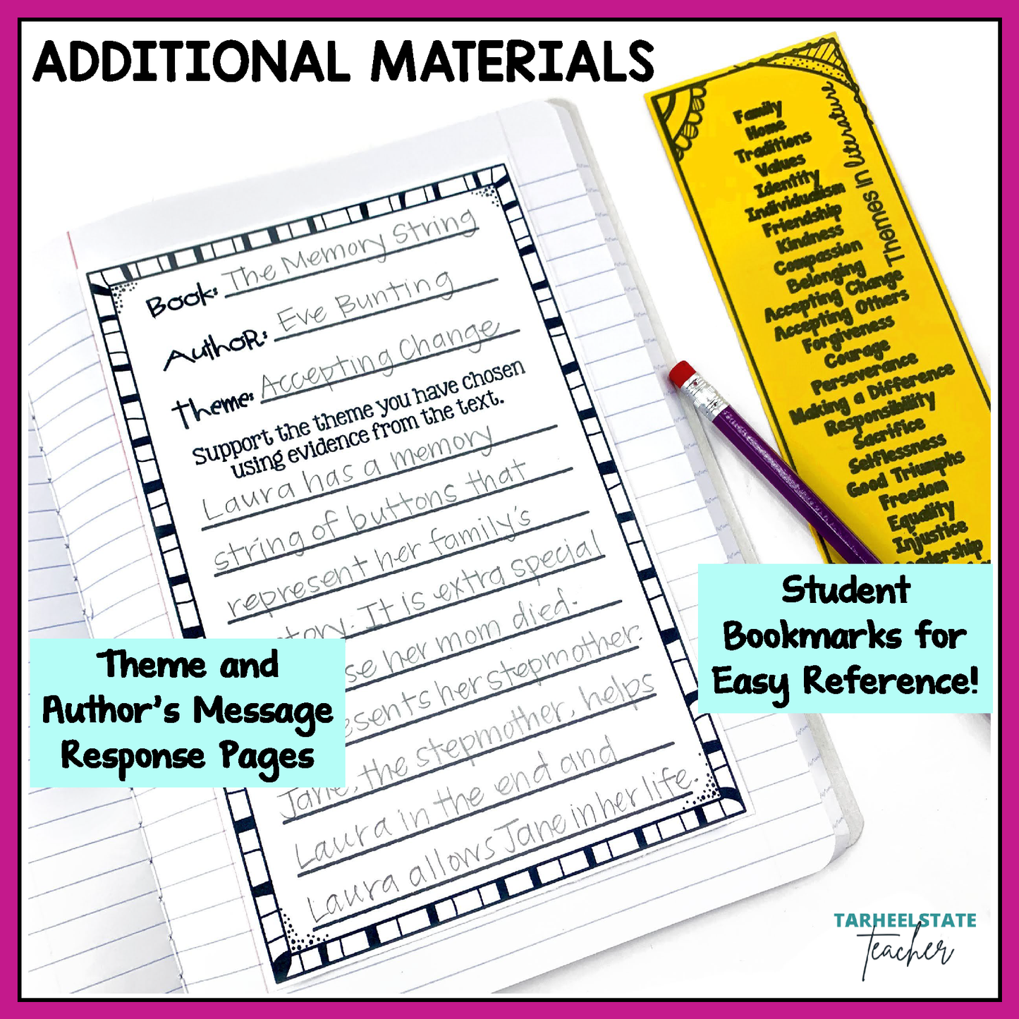 Additional materials include theme and author's message student response pages and student bookmarks for easy reference. 