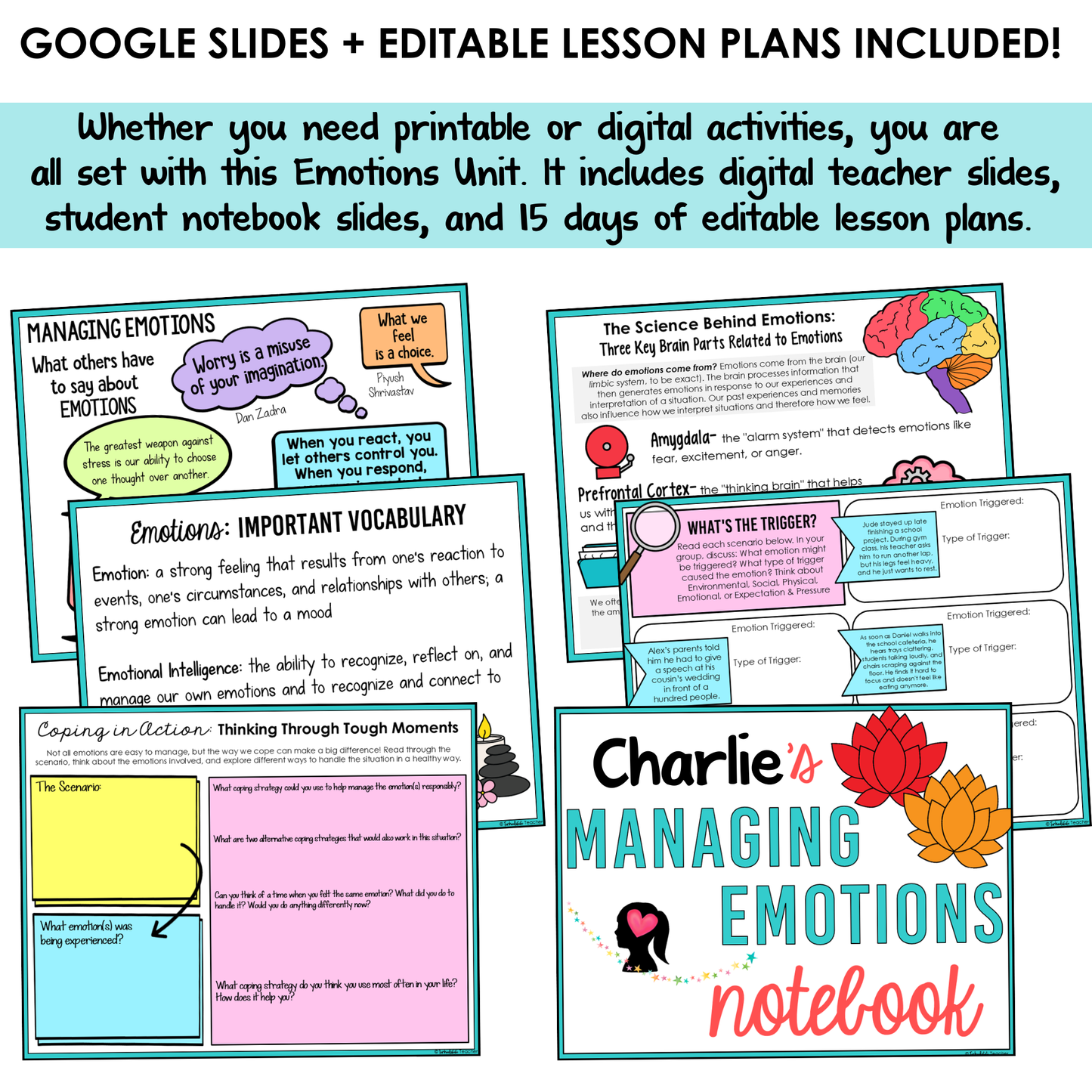 All SEL units include Google slides, a set of digital teacher slides for display and a set of student notebook slides that correspond with the social emotional learning lessons and activities.