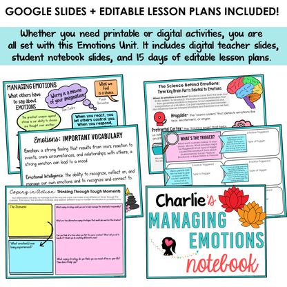 All SEL units include Google slides, a set of digital teacher slides for display and a set of student notebook slides that correspond with the social emotional learning lessons and activities.