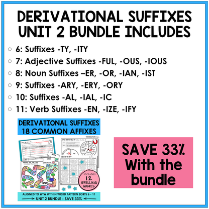 Derivational Suffixes games bundle covering adjective suffixes, noun suffixes, and verb suffixes