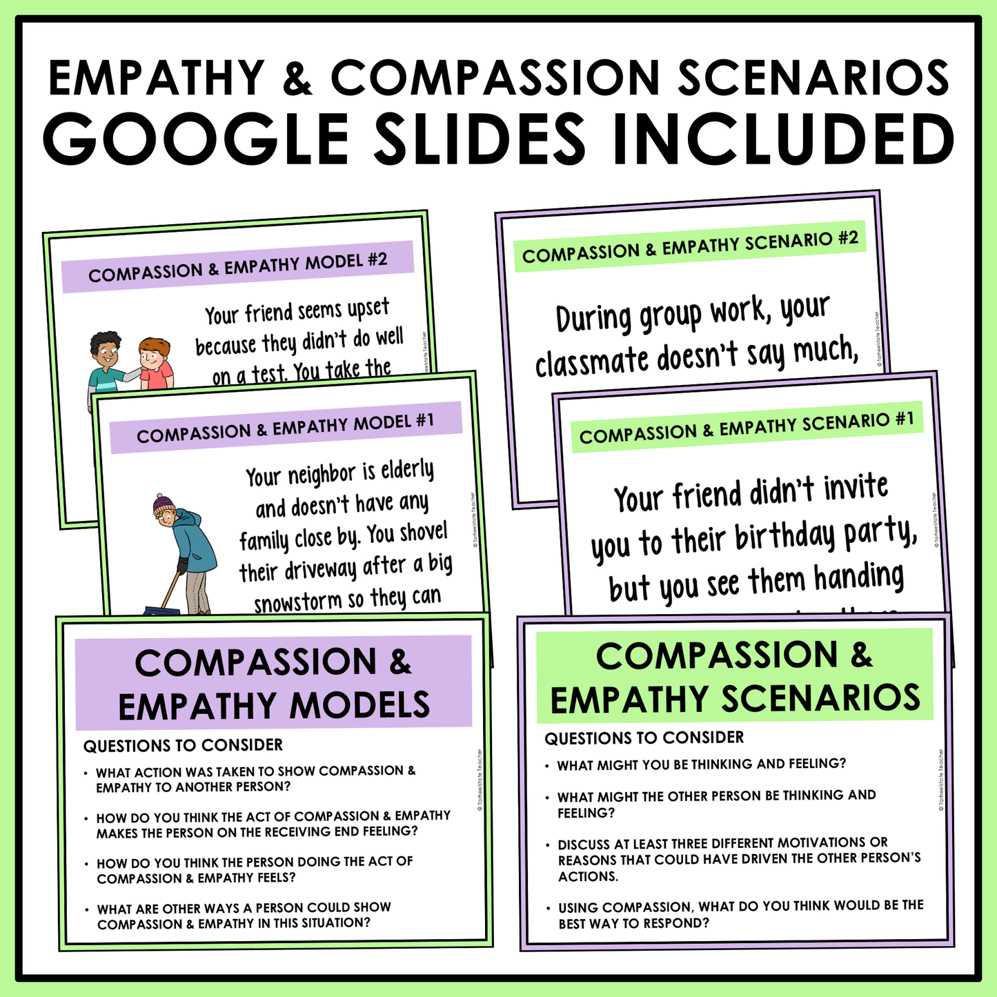 Educational material scenario task cards on empathy and compassion with example models of empathy