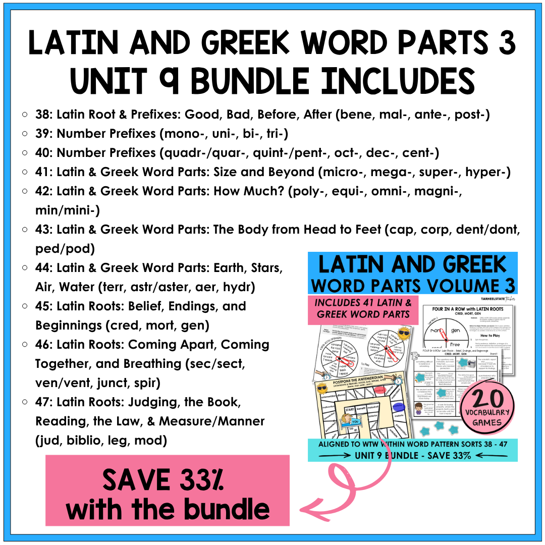 Engaging morphology games and vocabulary activities covering Latin and Greek word parts in the Derivational Relations Spellers stage.