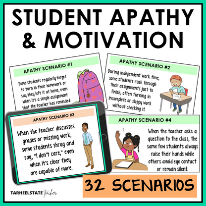 Student apathy and motivation scenario cards with 32 problem solving scenarios for grades 3-6
