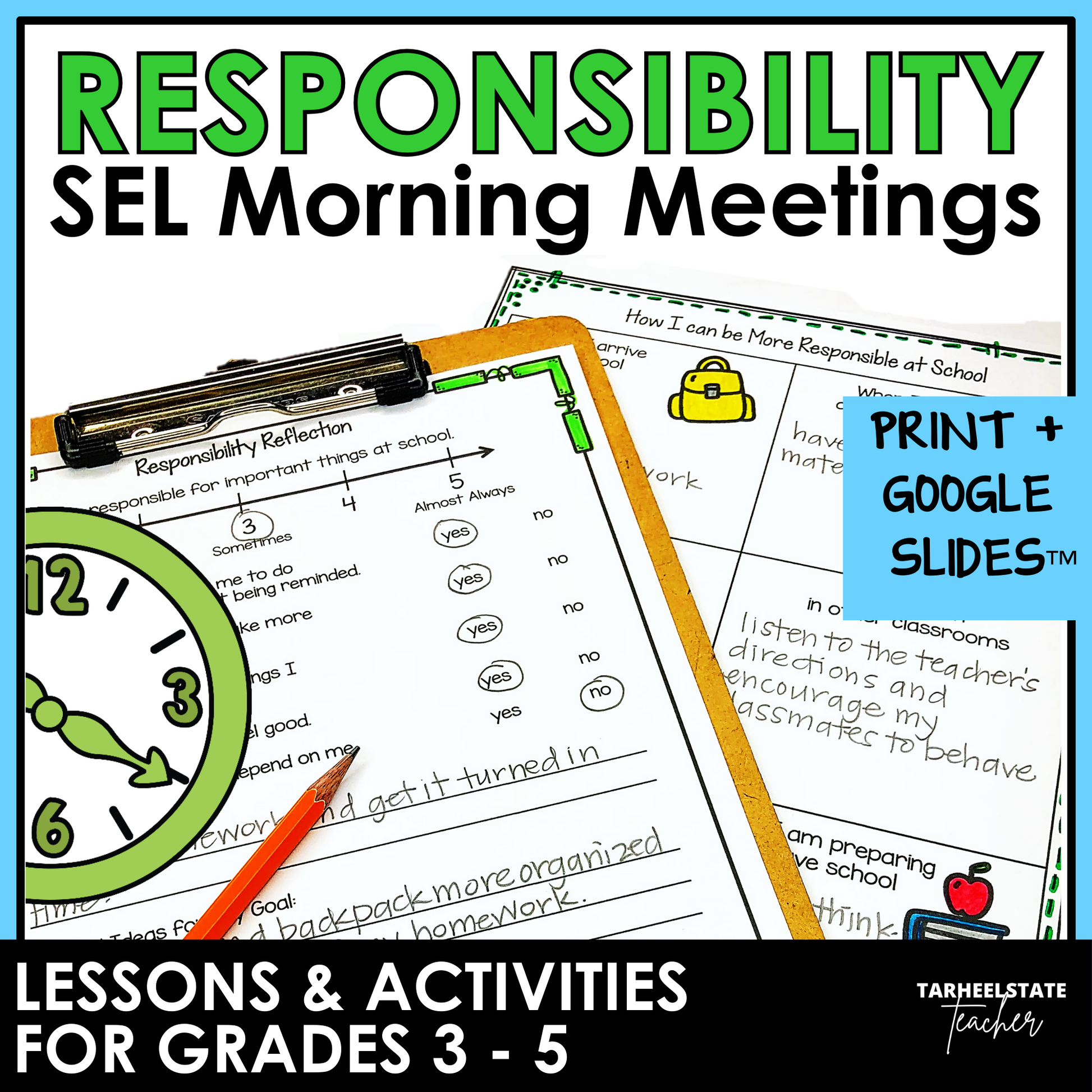 Responsibility and Accountability SEL Morning Meetings resource with social emotional learning activities, printables, and Google Slides for grades 3-5.