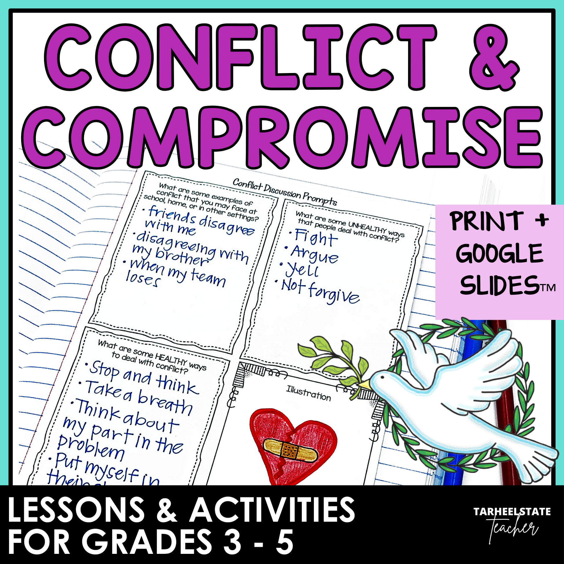 Conflict Resolution SEL Morning Meetings resource with social emotional learning activities, printables, and Google Slides for grades 3-5.
