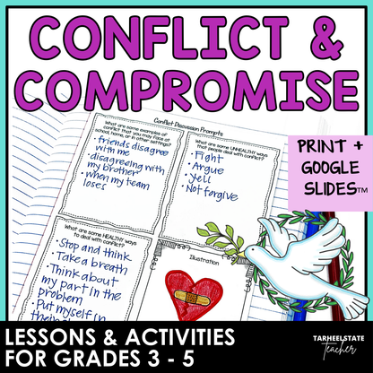 Conflict Resolution SEL Morning Meetings resource with social emotional learning activities, printables, and Google Slides for grades 3-5.
