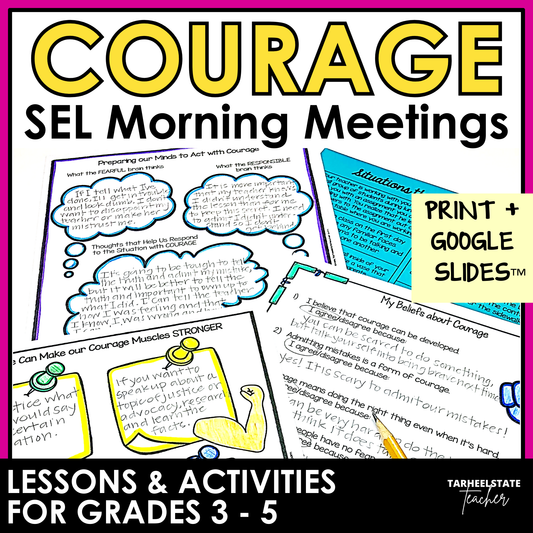Courage SEL Morning Meetings resource with social emotional learning activities, printables, and Google Slides for grades 3-5.