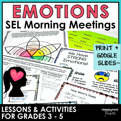 Managing Emotions SEL Morning Meetings resource with social emotional learning activities, printables, and Google Slides for grades 3-5.