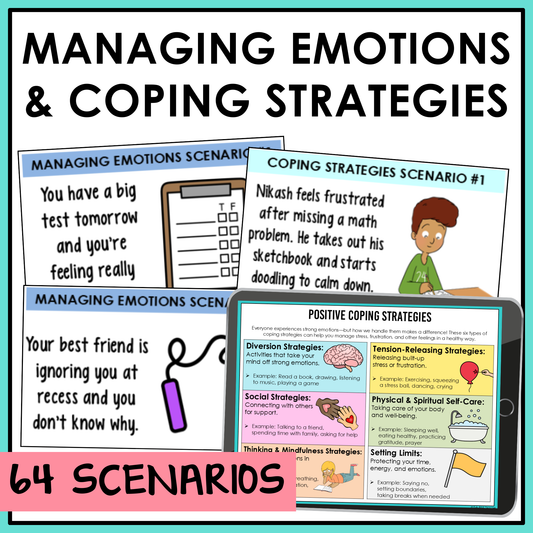 Managing emotions and coping strategies scenario cards with 64 scenarios for grades 3-6