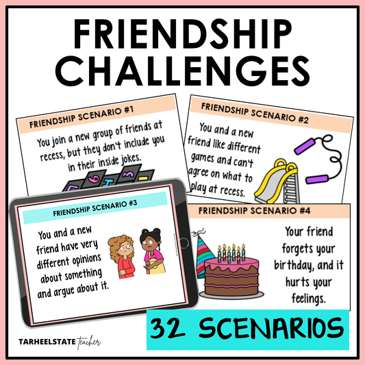 Friendship challenges scenario cards with 32 friendship scenarios for social skills lessons in grades 3-6