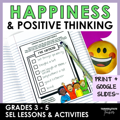 Happiness SEL Morning Meetings resource with social emotional learning activities, printables, and Google Slides for grades 3-5.