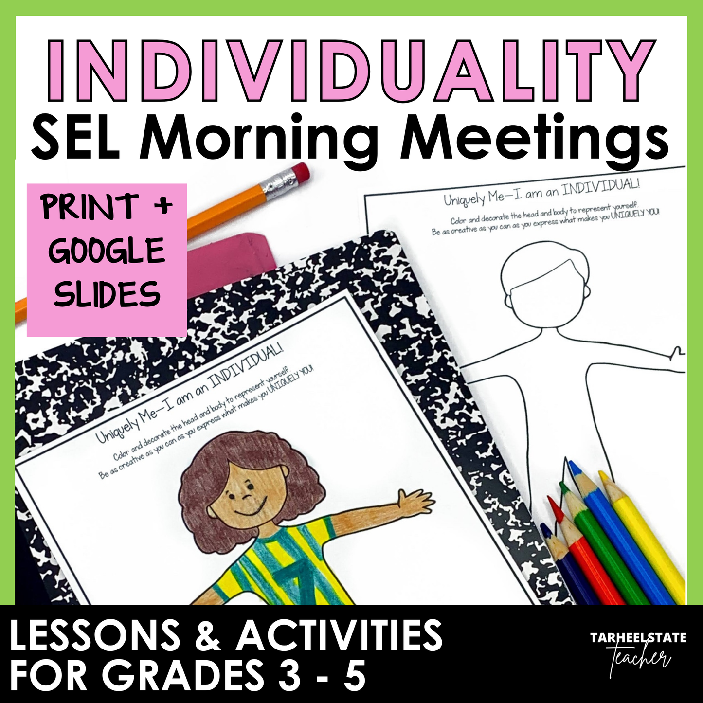 Individuality SEL Morning Meetings resource with social emotional learning activities, printables, and Google Slides for grades 3-5.