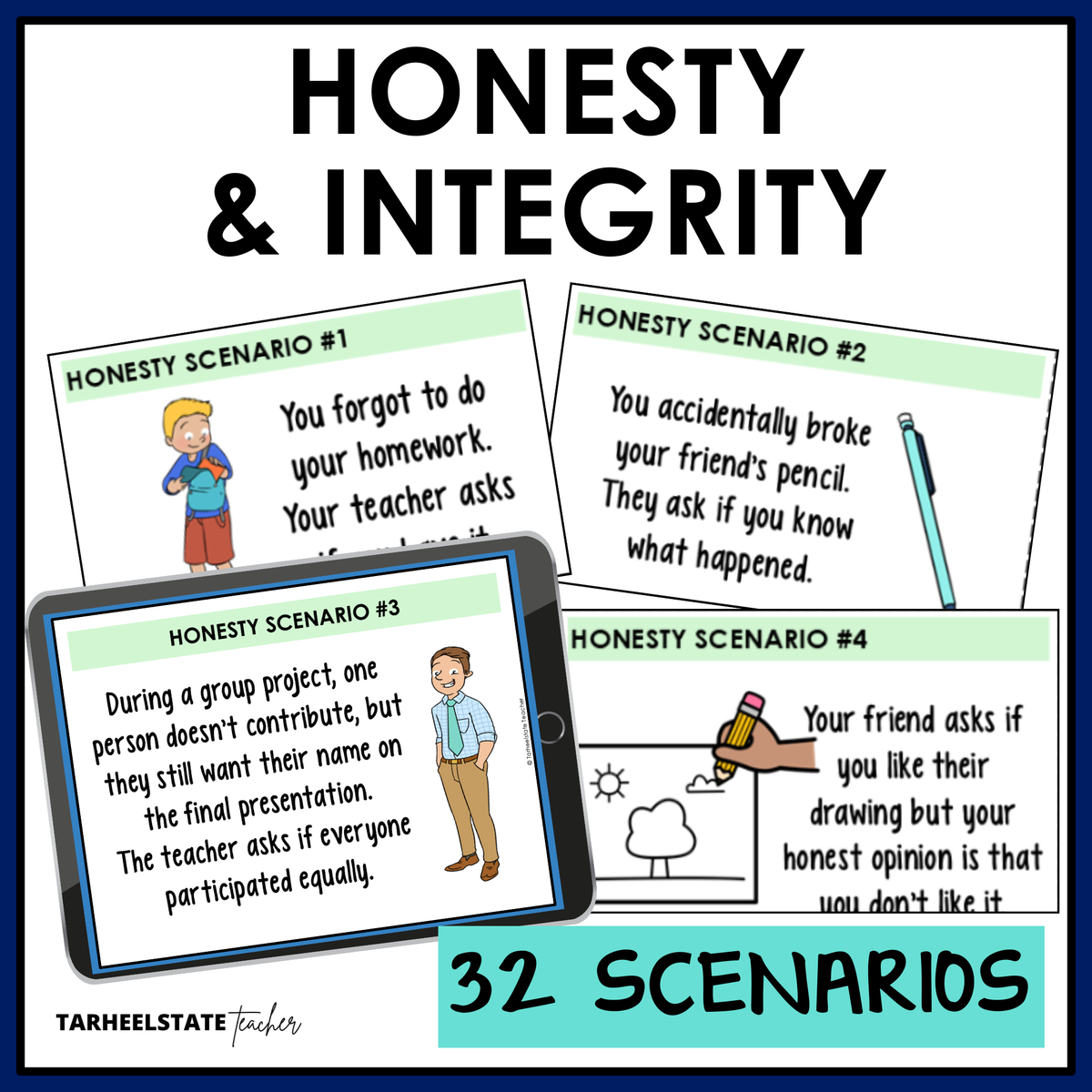 Honesty and integrity scenario cards with 32 what would you do scenarios for grades 3-6