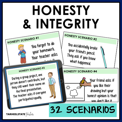Honesty and integrity scenario cards with 32 what would you do scenarios for grades 3-6