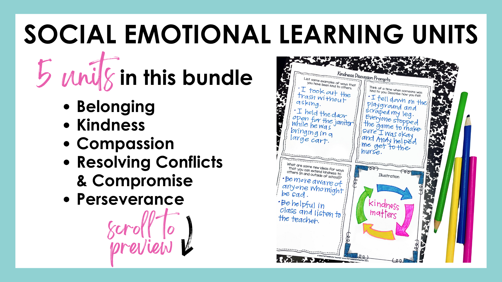 Social Emotional Learning Activities bundle with units on belonging and inclusion, kindness, compassion and empathy, conflict resolution, and perseverance.