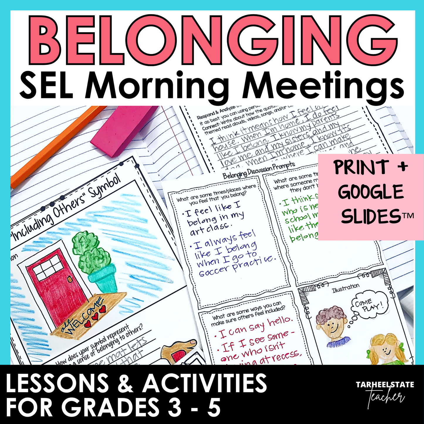 Belonging and Inclusion SEL Morning Meetings resource with social emotional learning activities, printables, and Google Slides for grades 3-5.