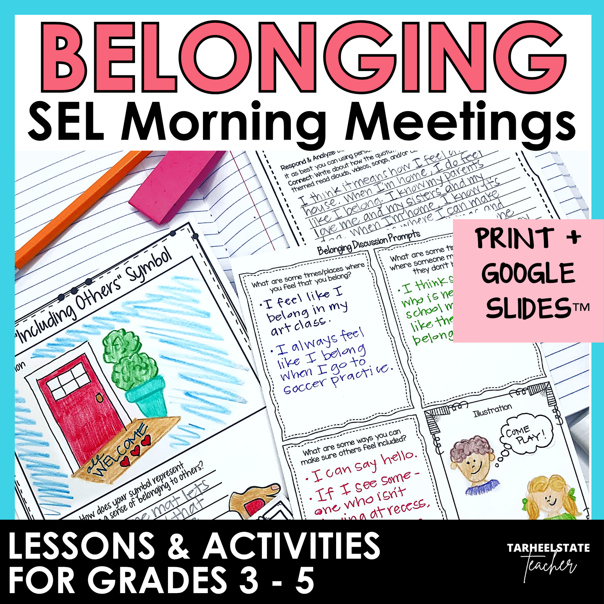 Belonging and Inclusion SEL Morning Meetings resource with social emotional learning activities, printables, and Google Slides for grades 3-5.