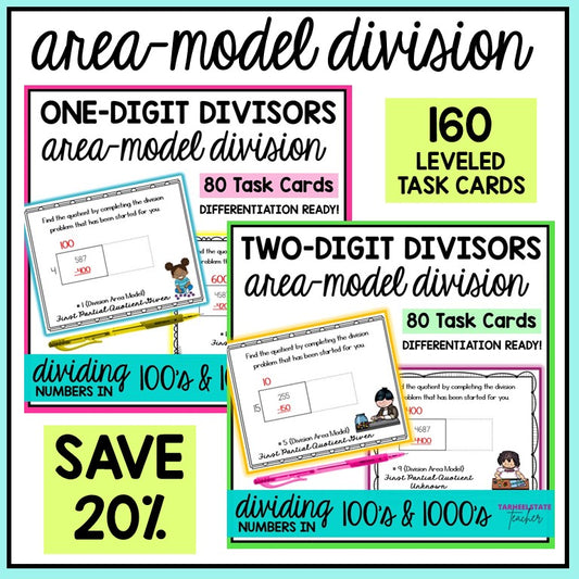Area-model division task cards with different divisor types bundle