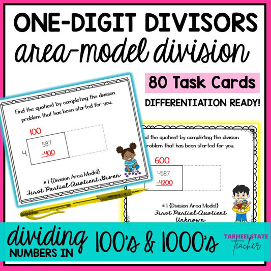 Educational task cards for area-model division with differentiated options