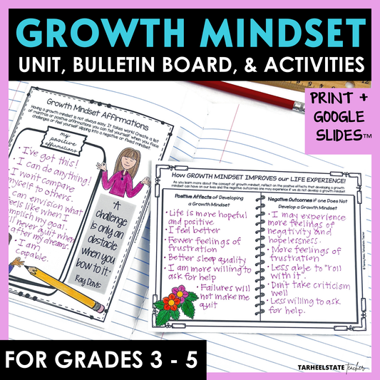 Growth Mindset SEL Morning Meetings resource with social emotional learning activities, printables, and Google Slides for grades 3-5.