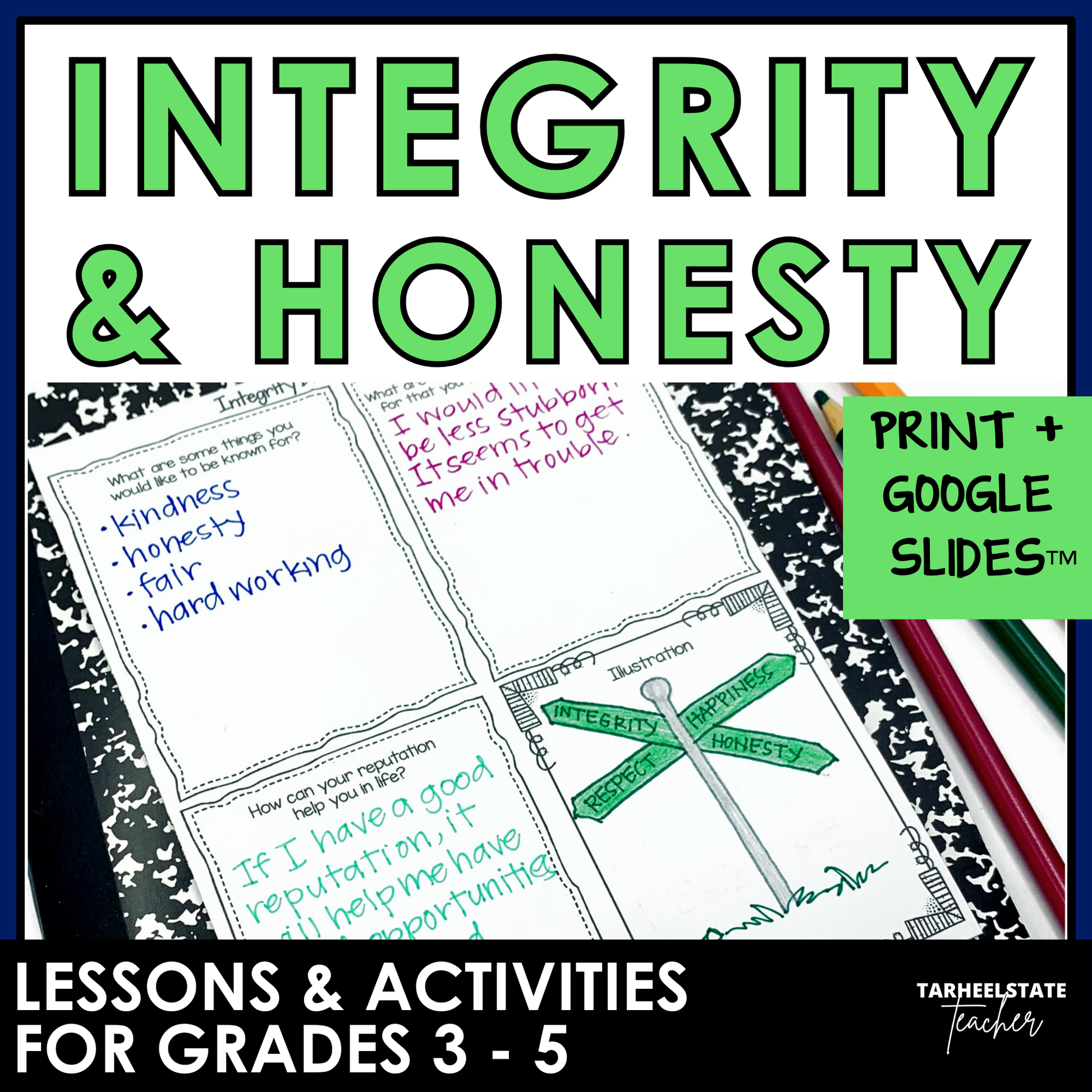 Integrity and Honesty SEL Morning Meetings resource with social emotional learning activities, printables, and Google Slides for grades 3-5.