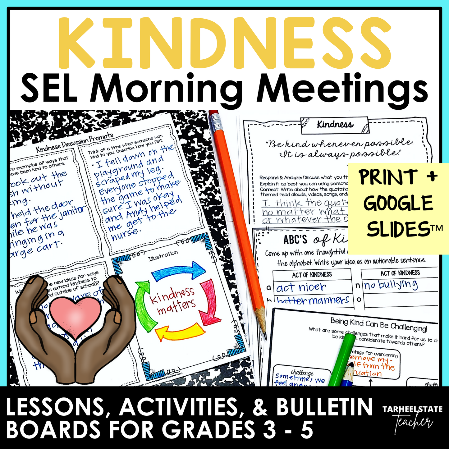 Kindness SEL Morning Meetings resource with social emotional learning activities, printables, and Google Slides for grades 3-5.