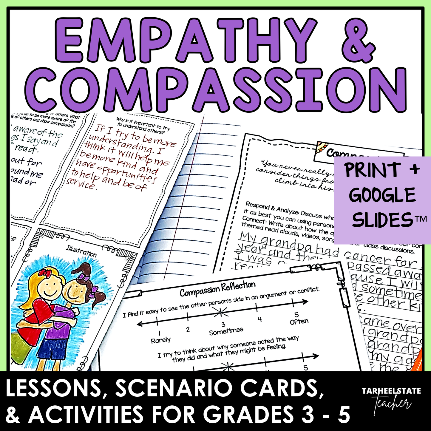 Educational materials on empathy and compassion with worksheets and scenario cards.