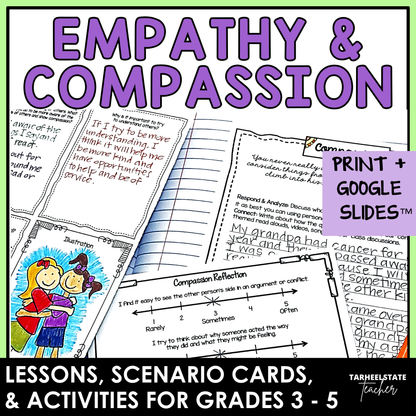 Educational materials on empathy and compassion with worksheets and scenario cards.