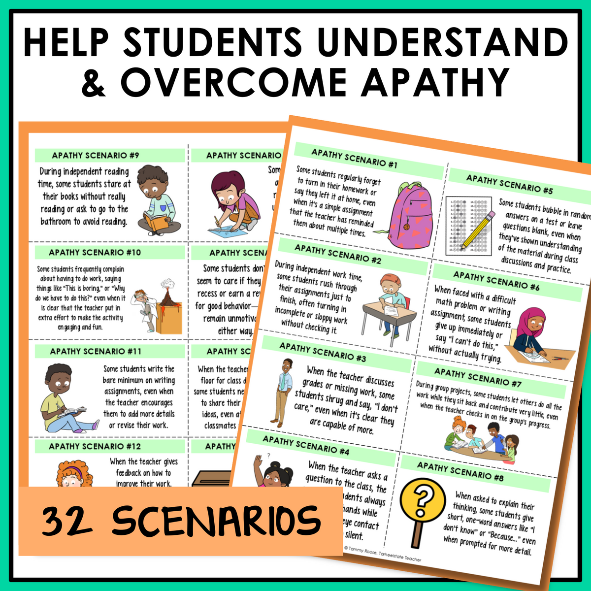 32 apathy scenario cards to help students understand and overcome apathy