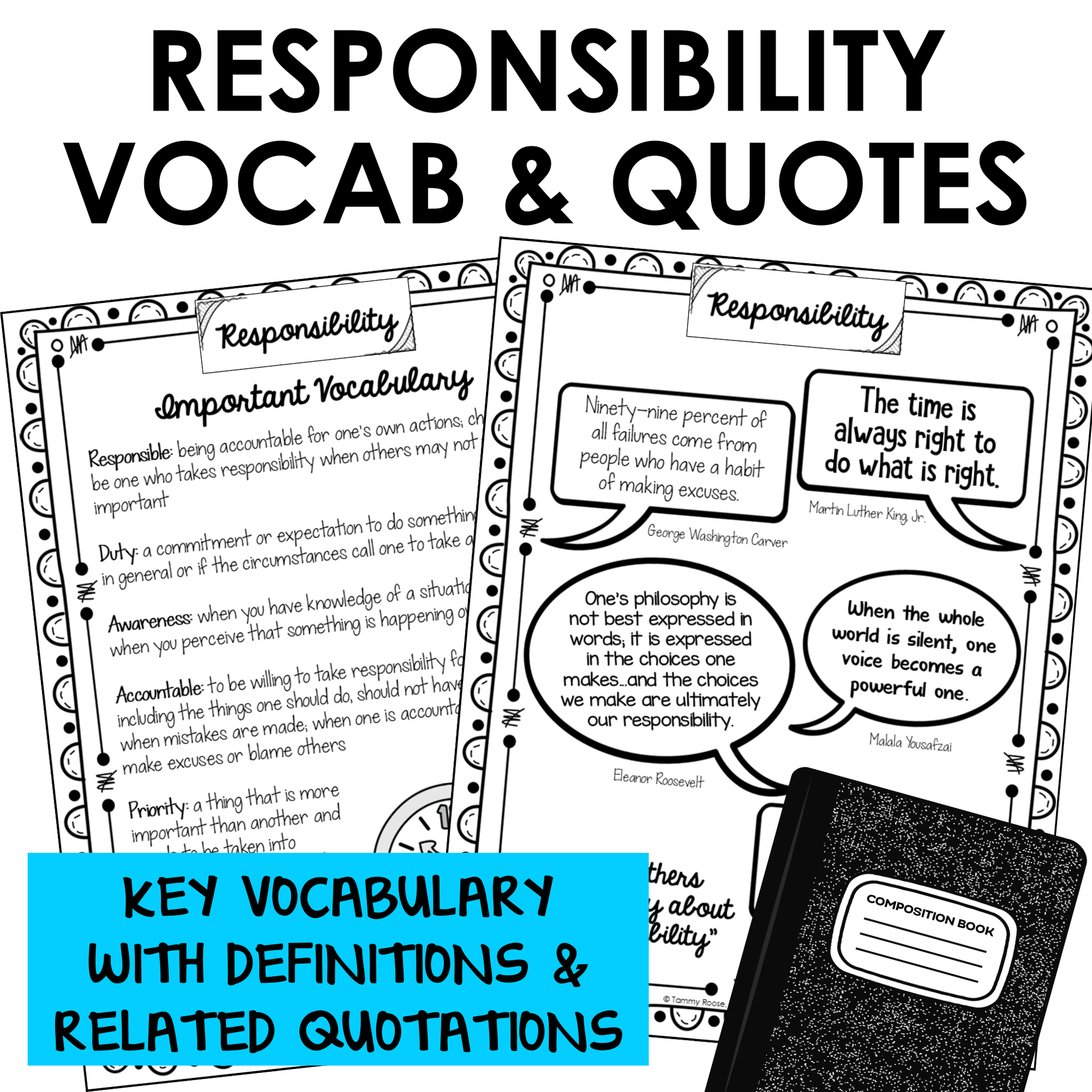 Responsibility SEL unit includes important vocabulary with definitions and inspirational quotations for students.